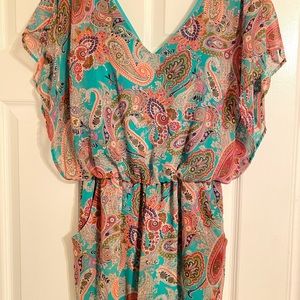 Multi color teal paisley BG Romper with pockets